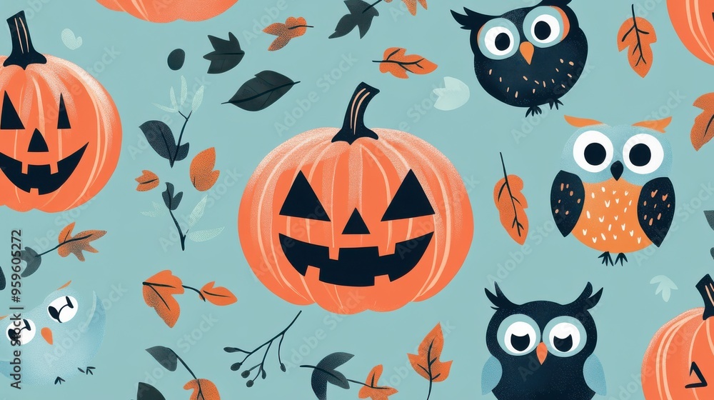 Colorful Halloween pattern featuring pumpkins, owls, and autumn leaves, perfect for festive decorations and seasonal designs. Colorful Halloween pattern featuring pumpkins, owls, and autumn leaves, perfect for festive decorations and seasonal designs.