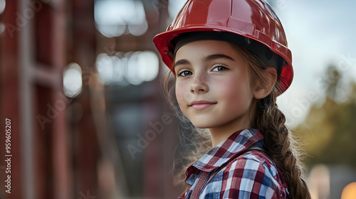 A young girl in a hard hat ...