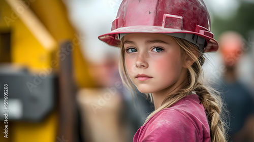 A young girl in a hard hat ...