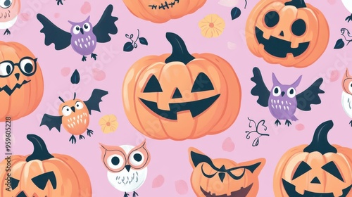Colorful Halloween pattern featuring playful pumpkins and cute owls on a pink background, perfect for festive decorations.