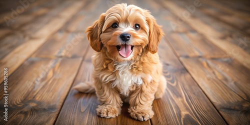 A joyful cavapoo puppy sits on a weathered wooden floor, its big smile radiating happiness and playful energy. photo