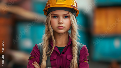 A young girl in a hard hat ...