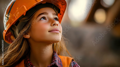 A young girl in a hard hat,...