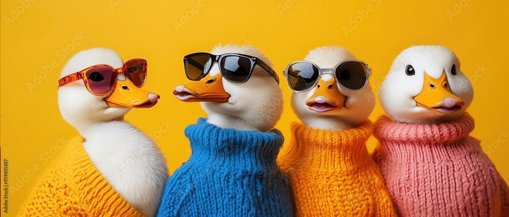 Fototapeta premium Four stylish ducks in bright sweaters and sunglasses, posing against a vibrant yellow background