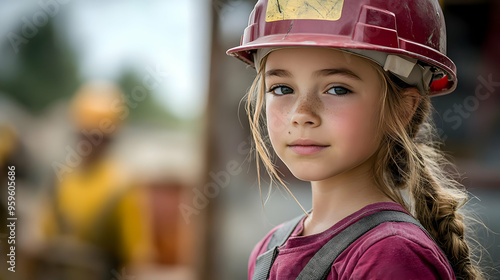 A young girl in a hard hat,...