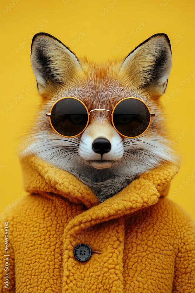Fox wearing round sunglasses and a yellow coat, looking cool against a bright yellow backdrop Fox wearing round sunglasses and a yellow coat, looking cool against a bright yellow backdrop