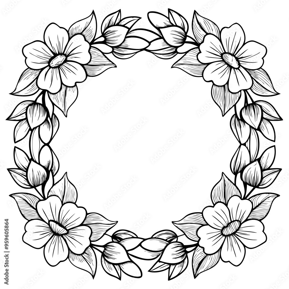 Black and white line drawing of a floral wreath with five-petaled flowers and leaves Black and white line drawing of a floral wreath with five-petaled flowers and leaves