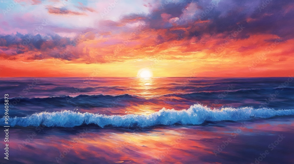 Fototapeta premium A painting of a beautiful sunset over the ocean with waves crashing on the shore.