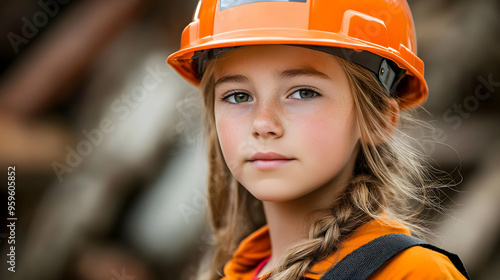 A young girl in a safety helmet poses confidently outdoors.