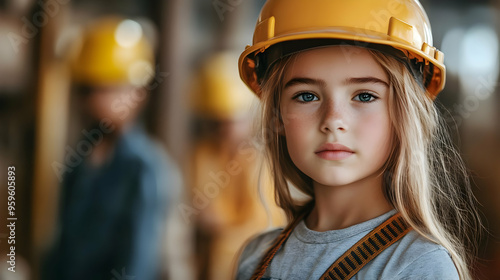 A young girl in a safety he...