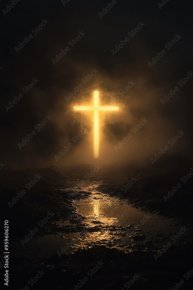 Naklejka premium Glowing cross in misty darkness, illuminating the ground below