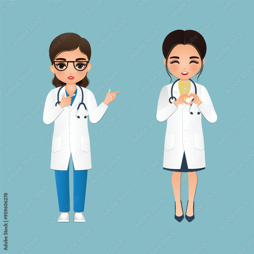 Cute cartoon woman in doctor uniform with different acting character Cute cartoon woman in doctor uniform with different acting character