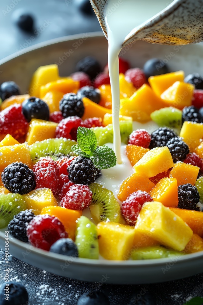Milk being poured over tropical fruit salad, refreshing and healthy, 3D illustration Milk being poured over tropical fruit salad, refreshing and healthy, 3D illustration