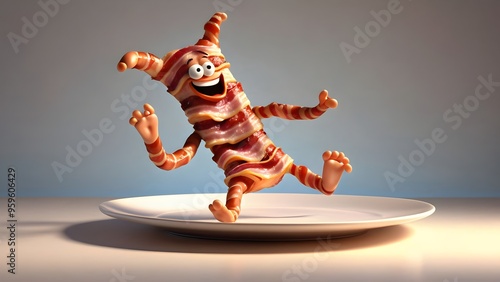 animated bacon strip character long undulating engaging in a comical dance crispy strips stretch.