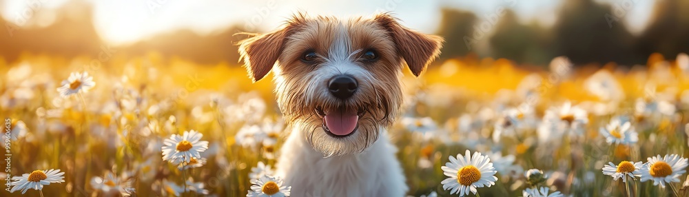 Happy dog in a daisy field, bright and sunny, joyful atmosphere Happy dog in a daisy field, bright and sunny, joyful atmosphere