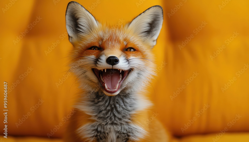 Happy fox with open mouth, orange background, closeup, cheerful and lively Happy fox with open mouth, orange background, closeup, cheerful and lively