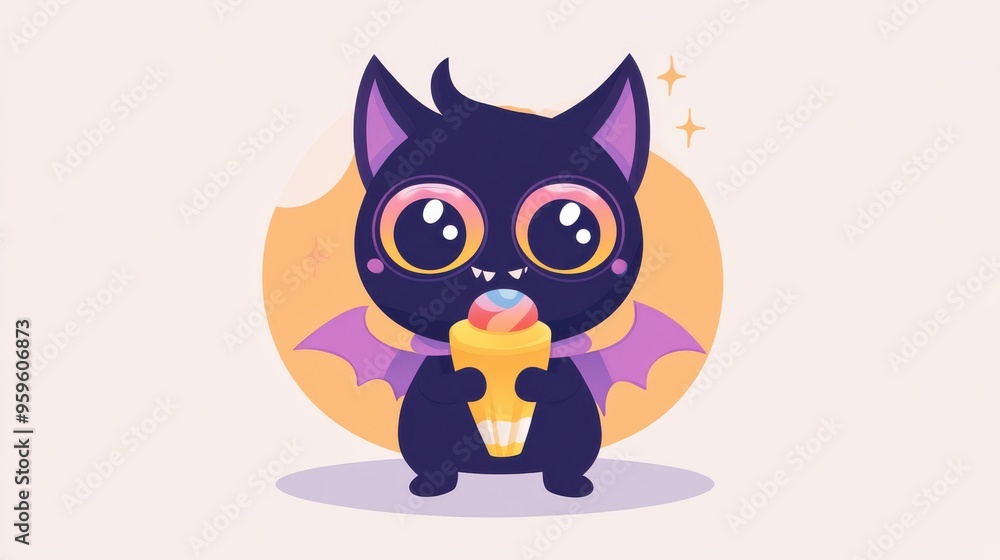 Cute cartoon bat character enjoying an ice cream cone with a playful expression, perfect for fun illustrations or children's themes. Cute cartoon bat character enjoying an ice cream cone with a playful expression, perfect for fun illustrations or children's themes.