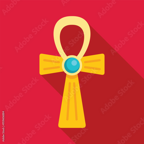 Golden egyptian ankh cross with blue gem representing eternal life, with long shadow on red background