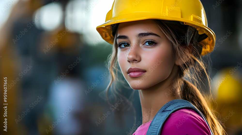 A young girl wearing a hard hat in a construction setting. A young girl wearing a hard hat in a construction setting.