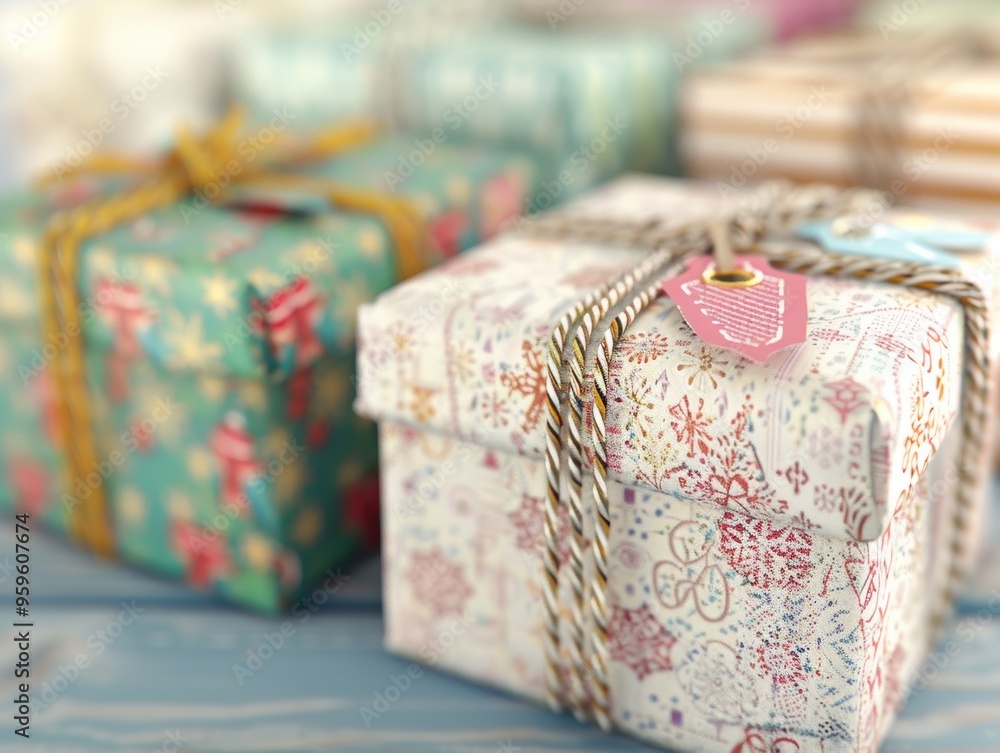Decorative gift boxes wrapped in festive paper, perfect for holidays or celebrations, showcasing colorful designs and intricate patterns. Decorative gift boxes wrapped in festive paper, perfect for holidays or celebrations, showcasing colorful designs and intricate patterns.