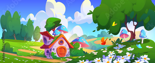 Cute tiny elf house with mushrooms in forest on meadow with green grass, daisy flowers, trees and butterflies on summer day. Gnome or animal village home. Cartoon vector dwarf cottage in woodland.