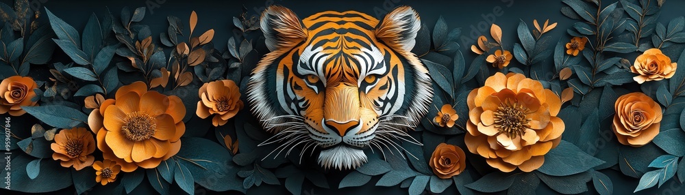 Paper tiger head among vibrant flowers, deep green foliage, detailed textures, watchful and wild Paper tiger head among vibrant flowers, deep green foliage, detailed textures, watchful and wild