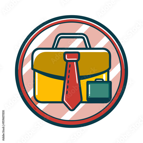 Icon of a briefcase with a tie and book, encircled by stripes