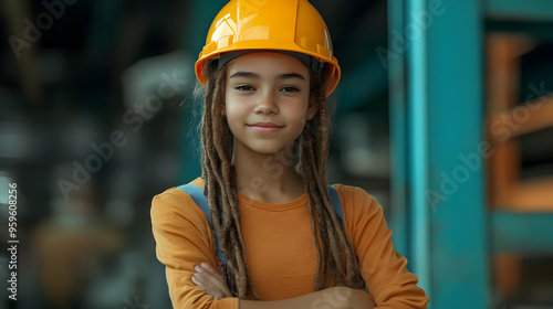 A young girl wearing a hard...