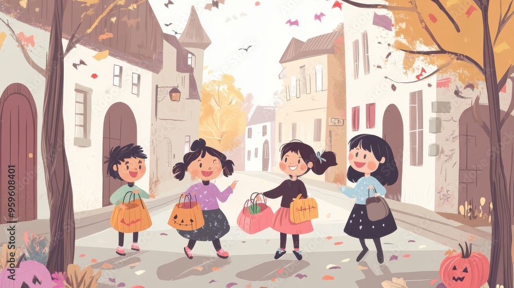 Four joyful children celebrate autumn with pumpkin bags, surrounded by falling leaves and charming village streets. Four joyful children celebrate autumn with pumpkin bags, surrounded by falling leaves and charming village streets.