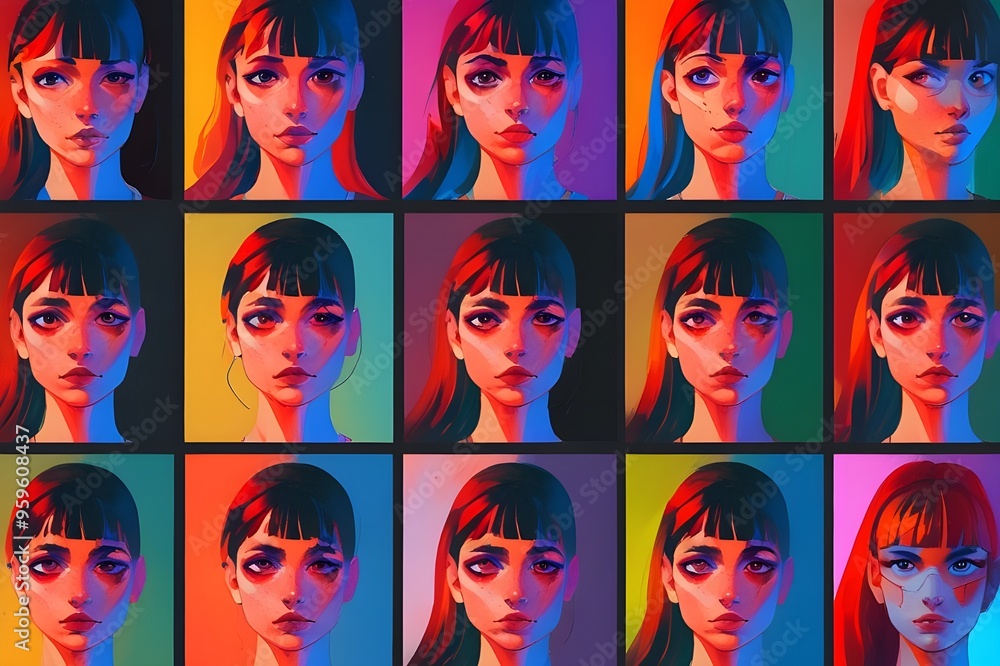 Naklejka premium AI set of faces in her own life 