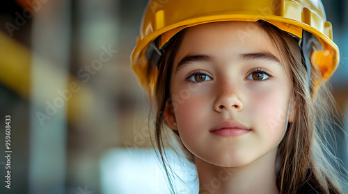 A young girl wearing a hard...