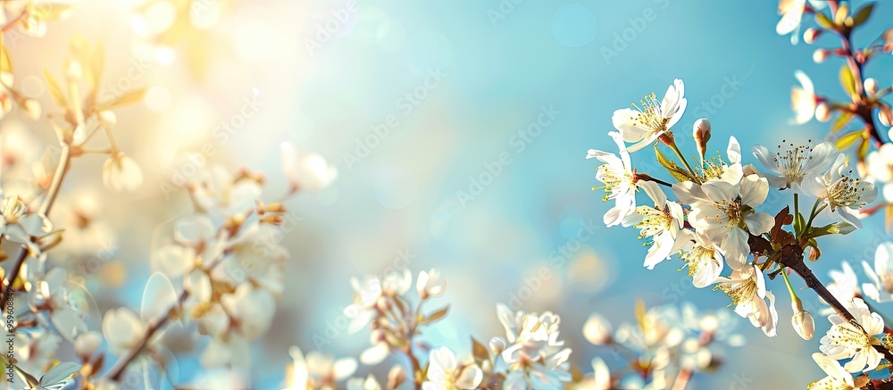 Macro view of blossoming cherry branches in soft focus against a light blue sky background illuminated by sunlight with copy space A beautiful floral representation of spring nature in a panoramic pe