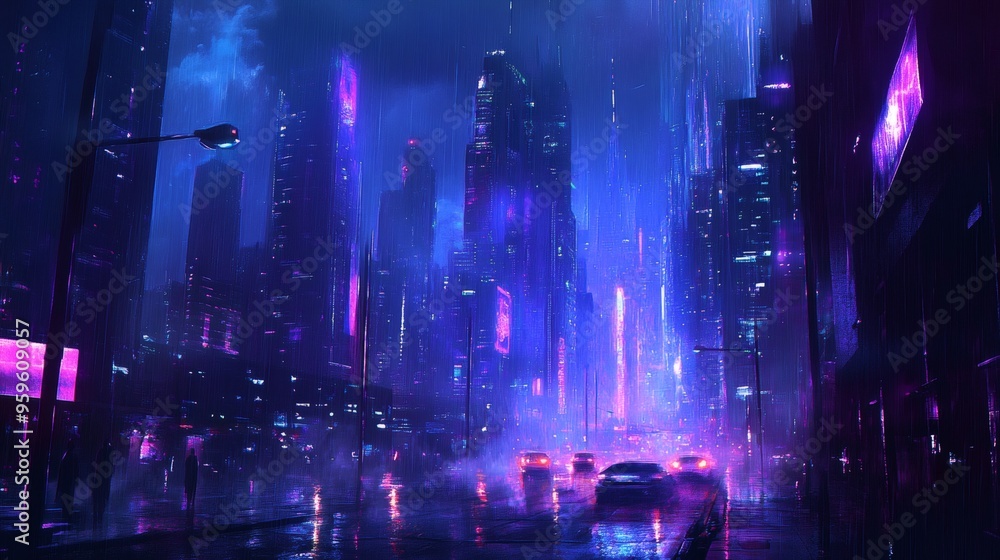 Fototapeta premium A rainy night in a futuristic city with glowing neon lights.
