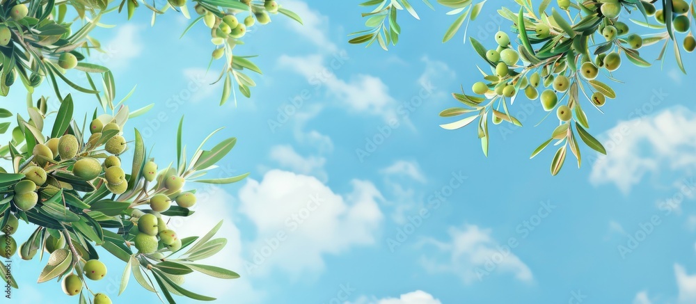 Olive tree branches with leaves and fruit set against a blue sky. Copy space image. Place for adding text and design Olive tree branches with leaves and fruit set against a blue sky. Copy space image. Place for adding text and design