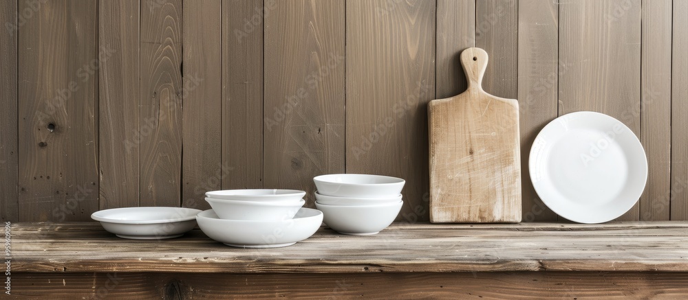 Empty white dishes are placed on a wooden table alongside a cutting board. Copy space image. Place for adding text and design Empty white dishes are placed on a wooden table alongside a cutting board. Copy space image. Place for adding text and design