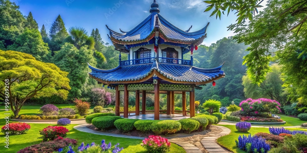 Ancient blue and white china pagoda stands tall in a lush green garden, surrounded by vibrant flowers that bloom with beauty and serenity. Ancient blue and white china pagoda stands tall in a lush green garden, surrounded by vibrant flowers that bloom with beauty and serenity.