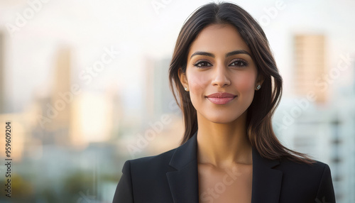 young indian business woman standing on blurred background