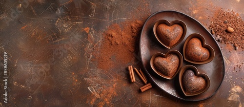 Ceramic plates shaped like hearts for Saint Valentine s Day featuring chocolate cinnamon sugar and cacao on a brown textured background Top view flat lay Copyspace photo