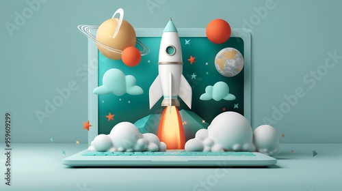 Rocket launching from laptop screen with planets and clouds, creative concept photo