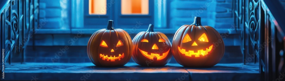 Spooky Halloween pumpkins glow at night, creating an eerie atmosphere on the porch for festive celebrations. Spooky Halloween pumpkins glow at night, creating an eerie atmosphere on the porch for festive celebrations.