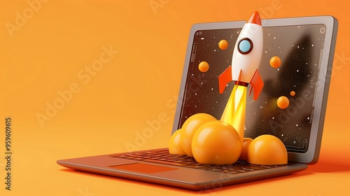 Rocket launching from a laptop with cryptocurrency symbols, success concept photo