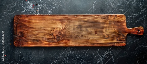 Banner of a vacant wooden long board for serving appetizers on a black slate table Copyspace photo