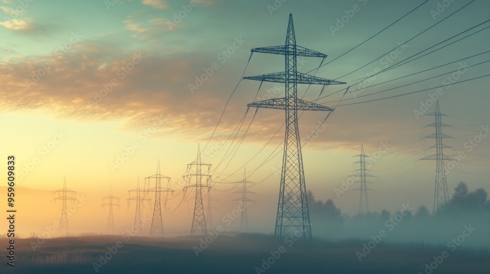 A high-resolution shot of multiple electricity transmission towers lined up in a row, emphasizing their scale and the extensive network of power lines. A high-resolution shot of multiple electricity transmission towers lined up in a row, emphasizing their scale and the extensive network of power lines.