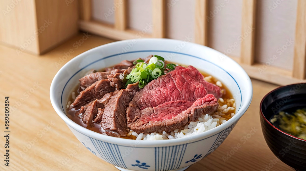 A delectable bowl of Gyudon, featuring tender Japanese beef over rice, served in a cozy restaurant setting, capturing the essence of authentic Japanese cuisine. A delectable bowl of Gyudon, featuring tender Japanese beef over rice, served in a cozy restaurant setting, capturing the essence of authentic Japanese cuisine.
