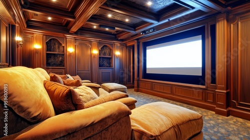 A movie theater with a large screen and leather chairs. The chairs are arranged in rows and there are two couches in the room. The room is dimly lit and has a cozy atmosphere