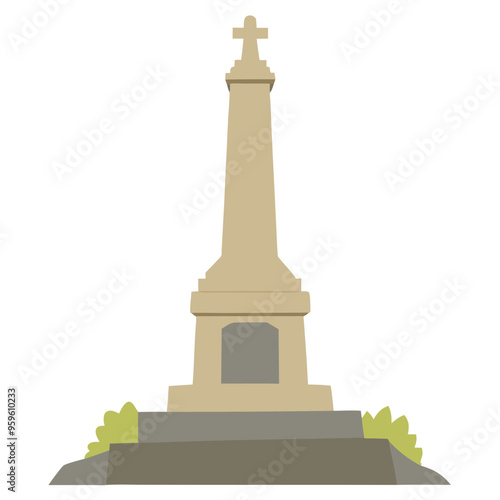 Illustration of a simple stone monument with a cross on top and bushes at the base