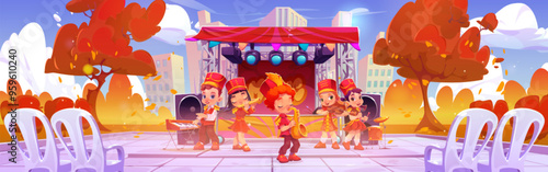 Children music band in red march parade costume with instruments playing song near stage in public city park in autumn. Cartoon vector fall town landscape with kids musicians on concert or festival.