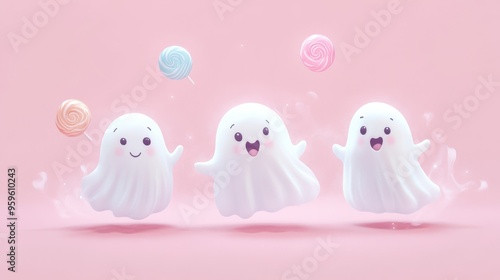 Three cute cartoon ghosts with joyful expressions and pastel candies on a soft pink background create a playful, whimsical scene.