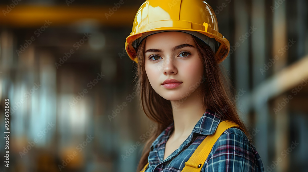 A young woman in a hard hat and work attire in an industrial setting. A young woman in a hard hat and work attire in an industrial setting.