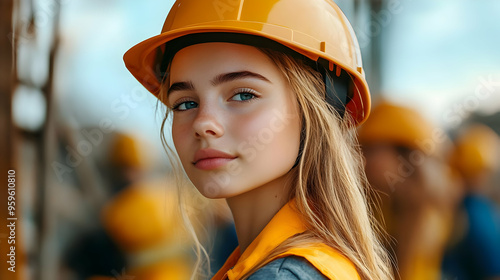 A young woman in a hard hat...